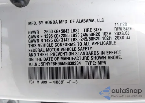 2021 Honda Pilot Awd Touring 8 Passenger z USA, uszkodzony, nr VIN 5FNYF6H96MB038234